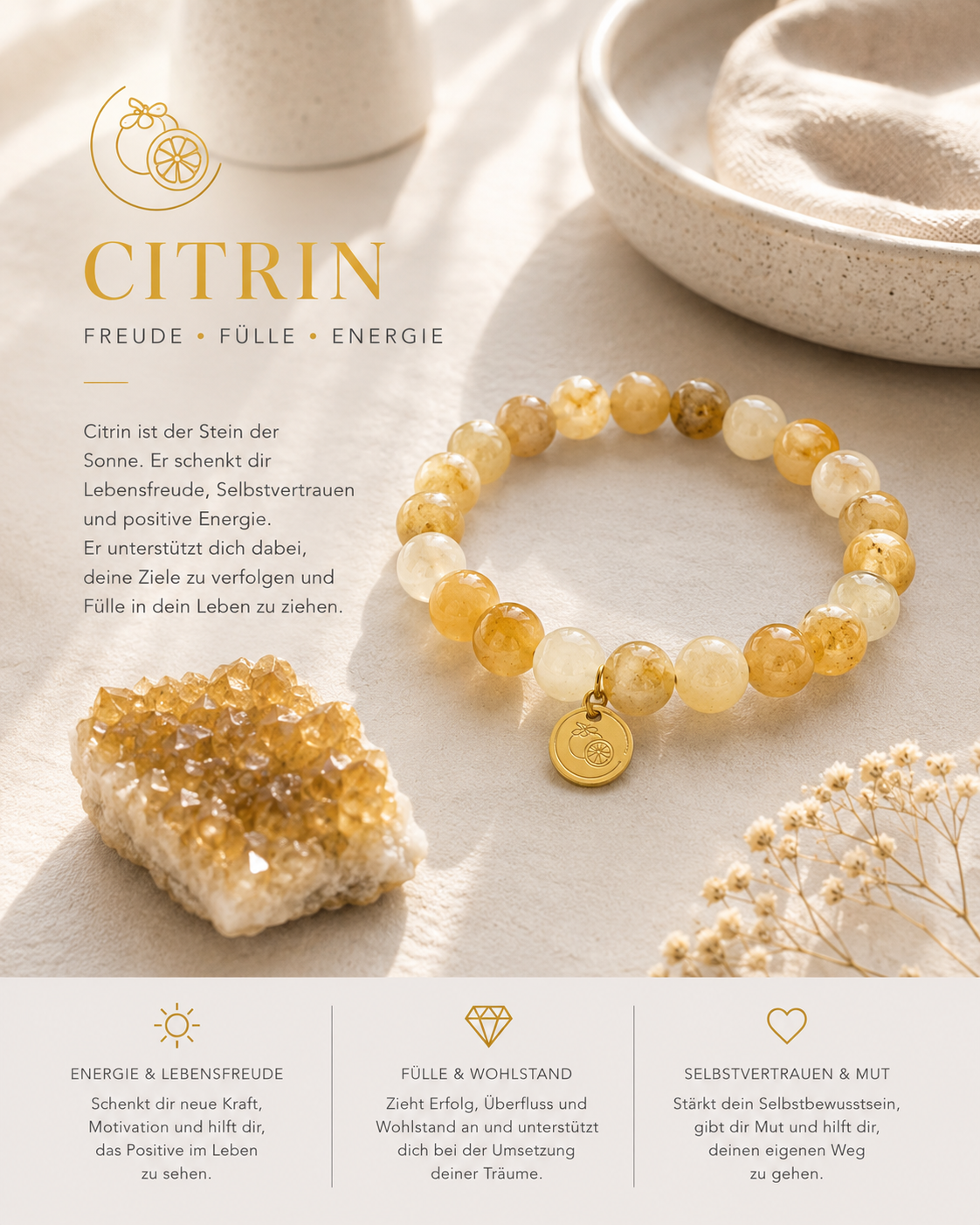 Citrin Armband Damen 10mm – Handgemachtes Edelsteinarmband mit Edelstahl Charm