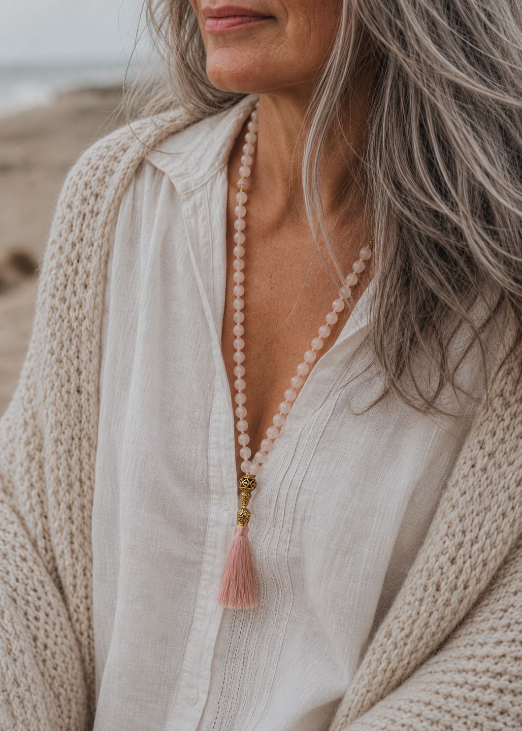 Rosenquarz Mala Kette mit Quaste – Edelstein Halskette für Yoga, Meditation & Achtsamkeit
