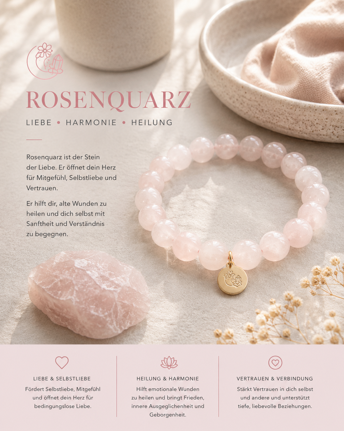 Rosenquarz Armband 10mm – Edelsteinarmband für Liebe & Selbstliebe