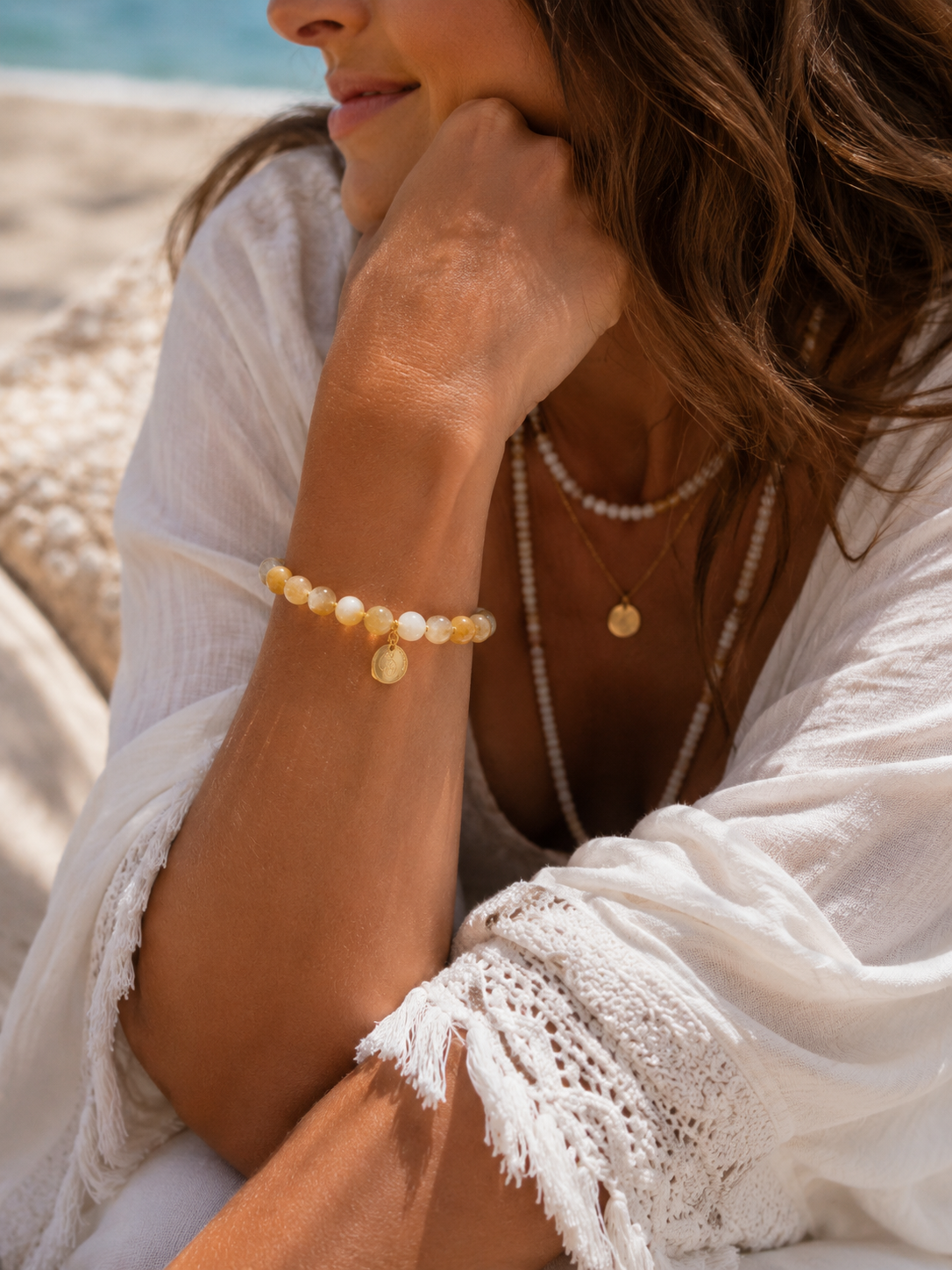 Citrin Armband Damen 10mm – Handgemachtes Edelsteinarmband mit Edelstahl Charm